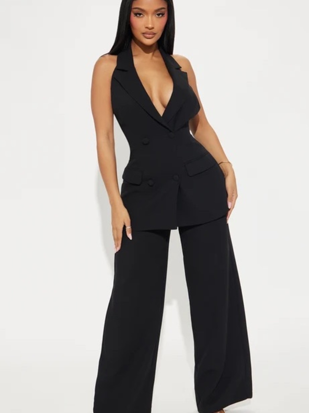 Fashion Nova Black Halter Double-Breasted Wide Leg Jumpsuit
